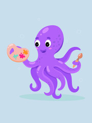a cool cute purple octopus with a brush and colors in its tentacles. creative octopus artist