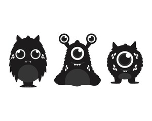 Cute vector monsters, silhouettes set. Vector illustration.