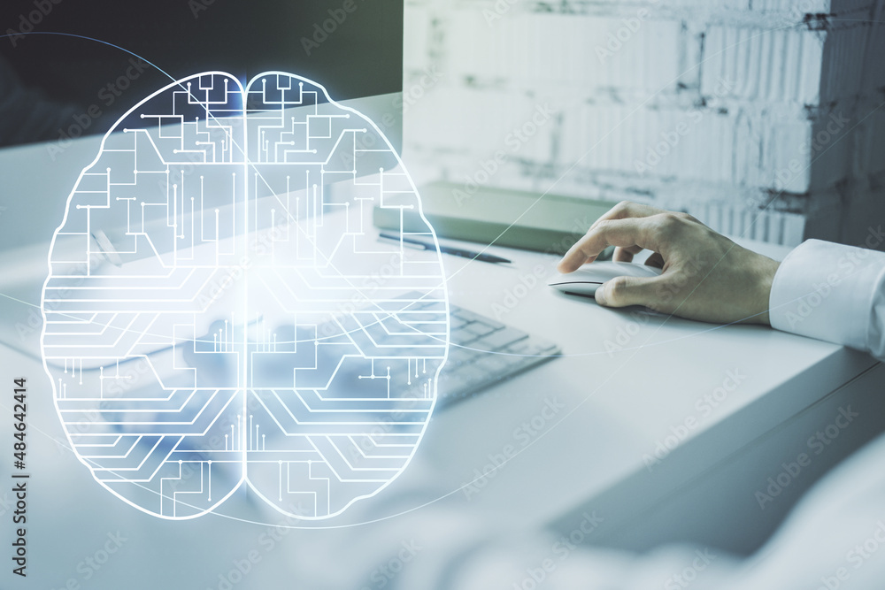 Poster creative artificial intelligence concept with human brain sketch and hands typing on computer keyboa
