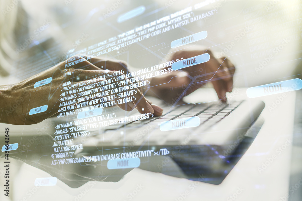 Fototapete multi exposure of abstract programming language hologram with hands typing on computer keyboard on b