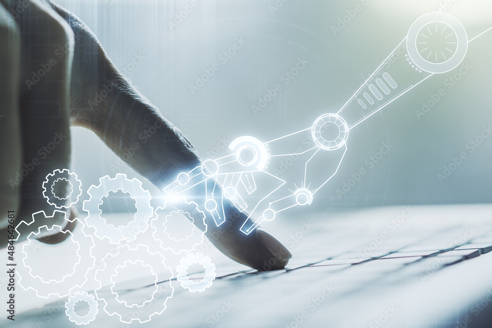 Aufkleber creative abstract robotics technology hologram and hands typing on computer keyboard on background, 