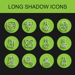 Set line Test tube flask on stand, Microorganisms under magnifier, Radioactive, Alcohol spirit burner, Atom, with toxic liquid and icon. Vector