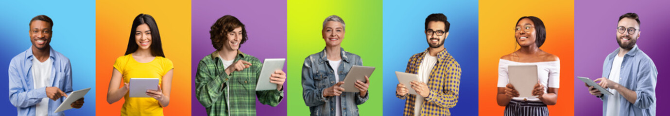 Fototapeta premium Freelancing. Group Of Multiethnic People With Digital Tablets Posing Over Colorful Backgrounds