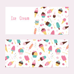 Two printable posters. Cards with ice creams, template. Various ice-cream with sprinkles and berries. Balls different ice cream in cup. Colorful layout. Card with place for text.