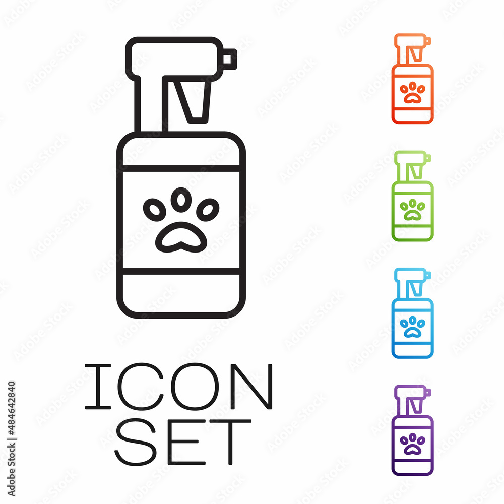 Sticker Black line Pet shampoo icon isolated on white background. Pets care sign. Dog cleaning symbol. Set icons colorful. Vector