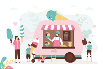 Naklejka premium Mom and son bought different ice cream in van. Little boy eating popsicle. Man selling takeaway sweets in food truck