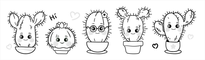 Cacti. Cute characters potted houseplants, vector drawn illustration isolated on a white background, sketch for coloring book.