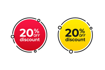 20 percentage circle discount tag icons collection. Set of red and yellow sale labels