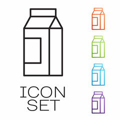 Black line Paper package for milk icon isolated on white background. Milk packet sign. Set icons colorful. Vector
