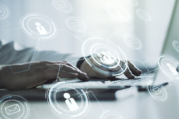 Social network media concept with hands typing on computer keyboard on background. Double exposure