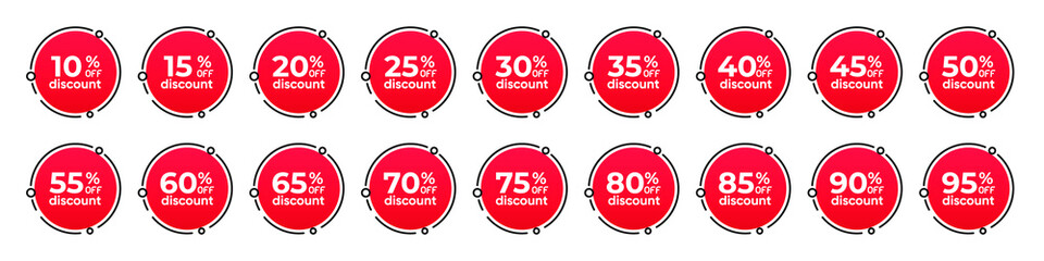 Percentage circle discount tag icons collection. Set of red and yellow sale labels