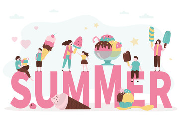 Fototapeta premium People eat different summer frozen desserts. Mom and daughter enjoy fruit ice with watermelon flavor. Little boy eating popsicle