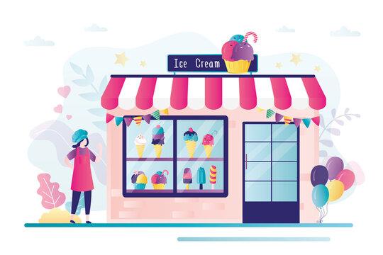 Businesswoman sells gelato and popsicle. Shop facade with ice cream. Various types of frozen dessert on kiosk showcase
