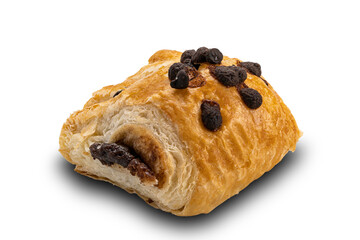 Side view a piece of Danish Pastry with chocolate filling topping with chocolate chips isolated on white background with clipping path.
