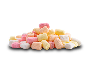 Side view pile of multicolor marshmallow isolated on white background with clipping path. Confectionery called marshmallow made from gelatin sugar and water.