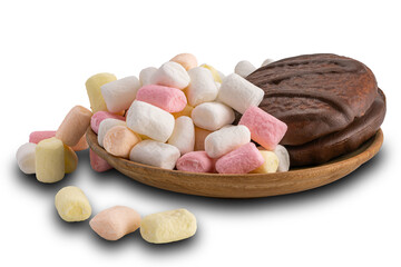 Choco pie and pile of multicolored marshmallow in wooden plate on white background with clipping path.