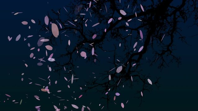 舞い落ちる桜の花びら模様アニメーション　青い背景　　　
木枝のシルエット　ループ素材