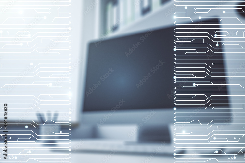 Poster creative abstract micro chip hologram and modern desktop with pc on background, artificial intellige