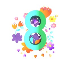 Green Colored Number 8 with Flowers to Celebrate 8 March International Women's Day