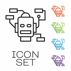 Black line Robot icon isolated on white background. Artificial intelligence, machine learning, cloud computing. Set icons colorful. Vector