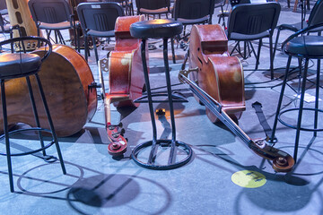 Musical instruments - two double bass or contrabass are in the orchestra room. In pending of the...