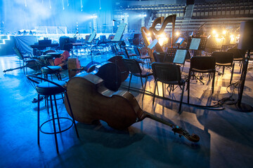 Musical instruments - two double bass or contrabass are in the orchestra room. In pending of the...