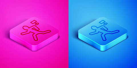 Isometric line Murder icon isolated on pink and blue background. Body, bleeding, corpse, bleeding icon. Concept of crime scene. Square button. Vector