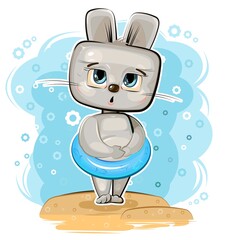 Cute Hare got ready to swim in an inflatable ring on beach. Funny comic baby animal. Young cute cartoon style. Childrens clipart illustration isolated on white background. Vector