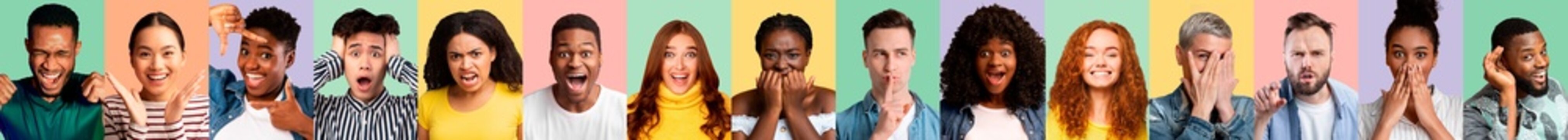Multiracial people posing on colorful backgrounds, collection of emotional photos