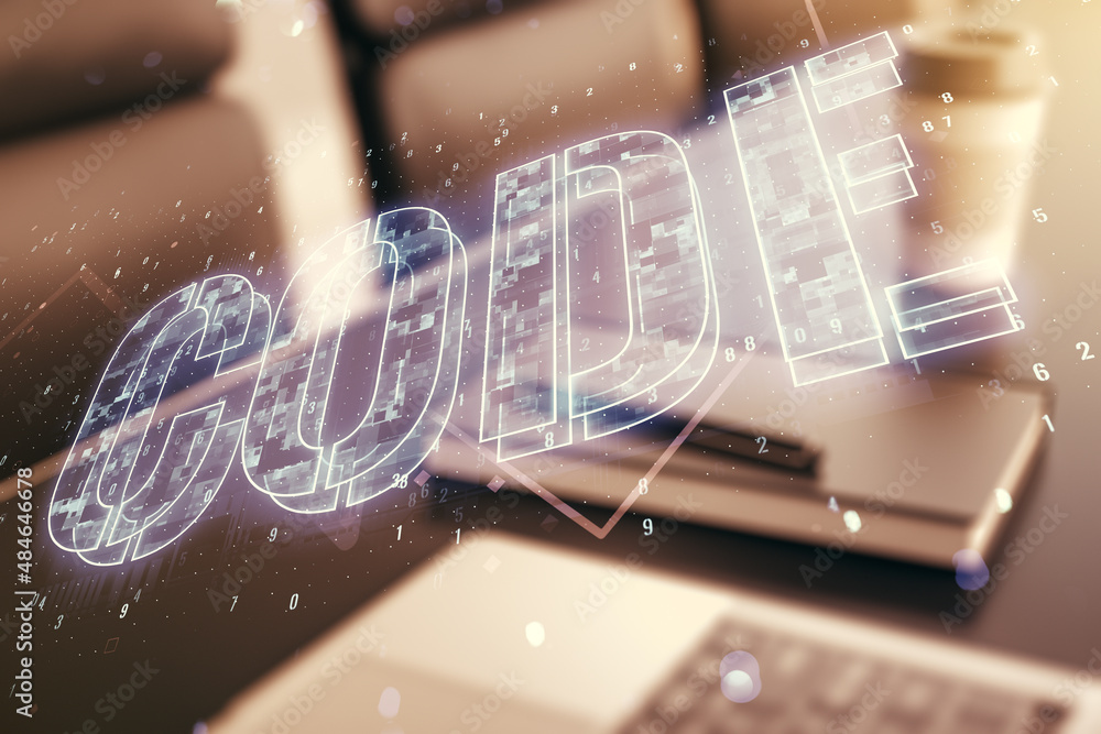 Poster creative code word hologram on modern computer background, artificial intelligence and neural networ