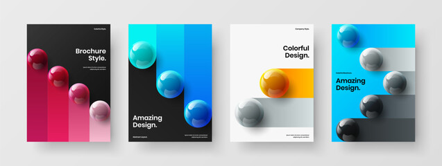 Simple annual report A4 vector design illustration set. Vivid 3D balls catalog cover layout composition.
