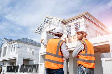 Architects discuss with head engineer about construction project on workplace at construction site.