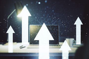 Creative abstract upward arrows hologram on modern computer background, leadership and motivation concept. Multiexposure