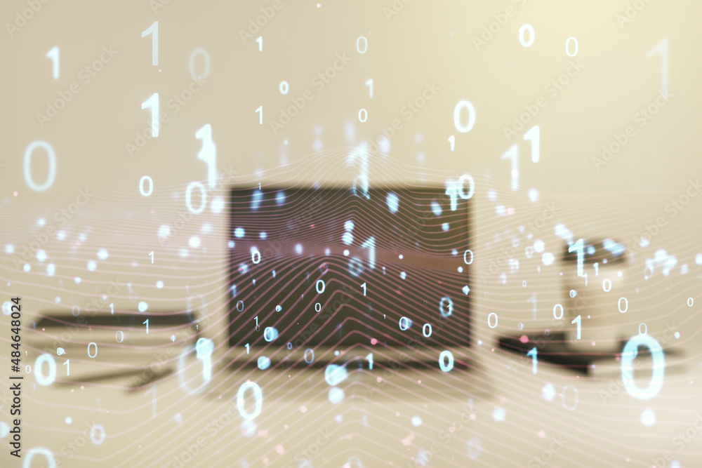 Poster creative abstract binary code hologram on modern computer background, ai and machine learning concep