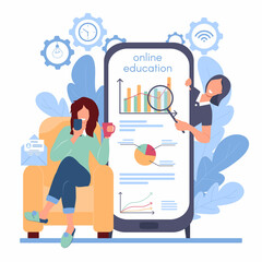 Girl sits in a chair with mobile and mug of coffee. In the background on a large smartphone, a woman teacher explains a subject. Online education, distance learning. Vector illustration.