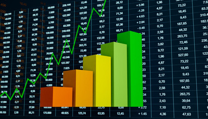 Successful business. Increasing bar chart, diagram, rising line, financial data and positive financial figures in a data spreadsheet. Industry, business and finance concept. 3D illustration