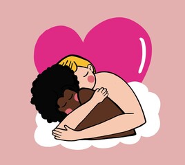 Abbraccio tra ragazza di colere è ragazzo bianco illustrazione di amore