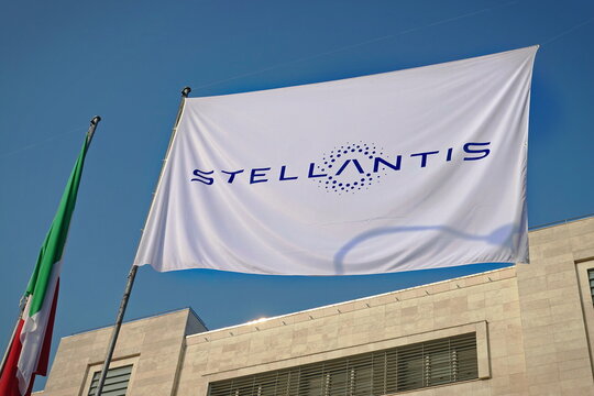 Turin, Italy - January 18, 2021 The Stellantis logo and new flags are installed at Mirafiori. Stellantis was created from the merger of the Fiat Chrysler Automobiles and PSA industrial groups.