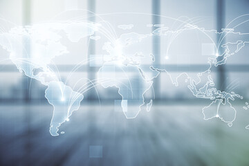 Abstract graphic digital world map hologram with connections on modern interior background, globalization concept. Multiexposure