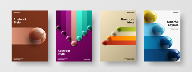 Isolated realistic spheres journal cover illustration bundle. Multicolored handbill A4 vector design concept collection.