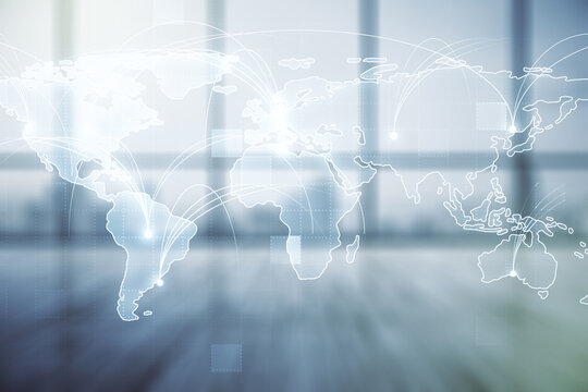 Abstract graphic digital world map hologram with connections on modern interior background, globalization concept. Multiexposure