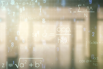 Abstract scientific formula hologram on empty classroom background. Multiexposure