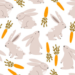 Fototapeta na wymiar Seamless pattern of cute rabbits in various poses with carrots. Hand-drawn vector rabbits, isolated on white background. Spring season concept, Easter, nature.
