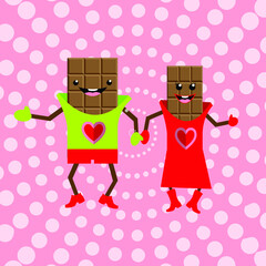 Cartoon vector image of chocolate bar characters. Happy dancing chocolate characters.