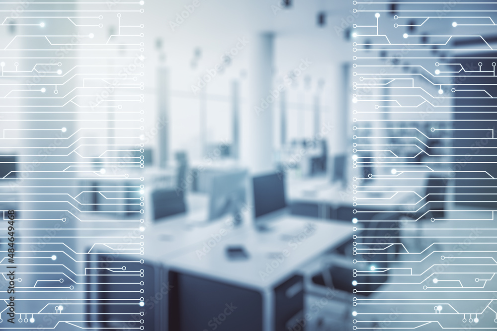 Poster abstract virtual microscheme illustration on a modern furnished office background. big data and data