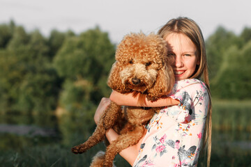 Poodle dog and his owner child. Adorable puppy and little girl hug having fun in park, copy space