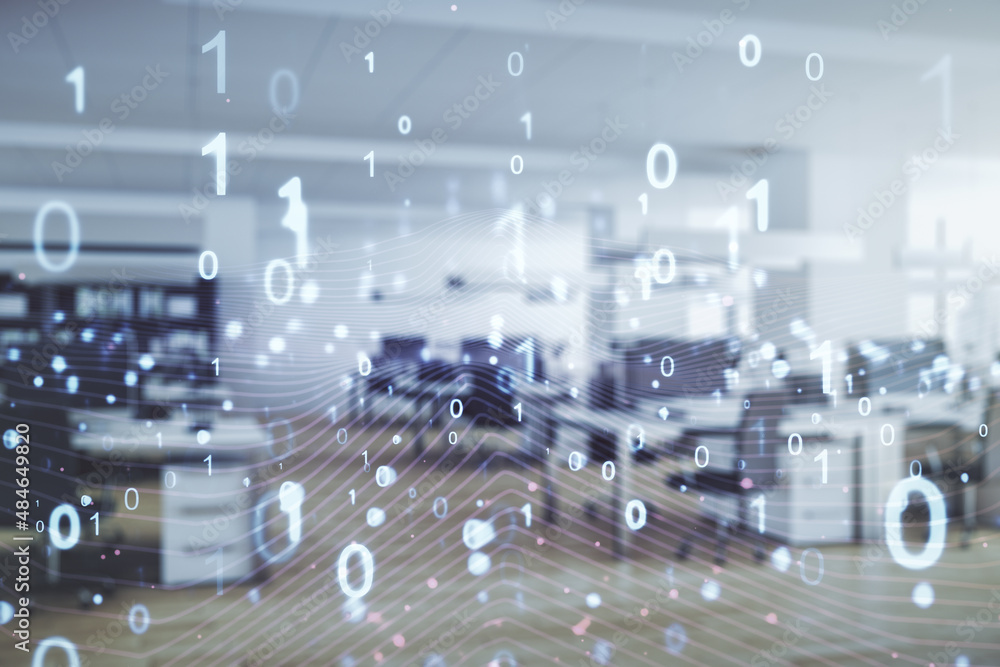 Poster abstract virtual binary code illustration on a modern furnished office background. big data and codi