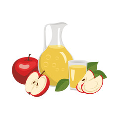 Jug and glass with apple juice, whole fruit with leaves and with seeds. Delicious healthy drink and product. Vector flat illustration of food