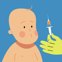 Booster injection to increase immunity or COVID-19 vaccine booster dose concept. Third booster shots vaccine . Illustrator vector of Syringe with vaccine and child.