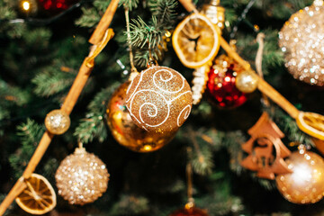 Christmas toys on a Christmas tree close up